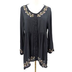 Embroidered Floral Tunic Blouse Black Rayon Button Front Boho Top M Vintage